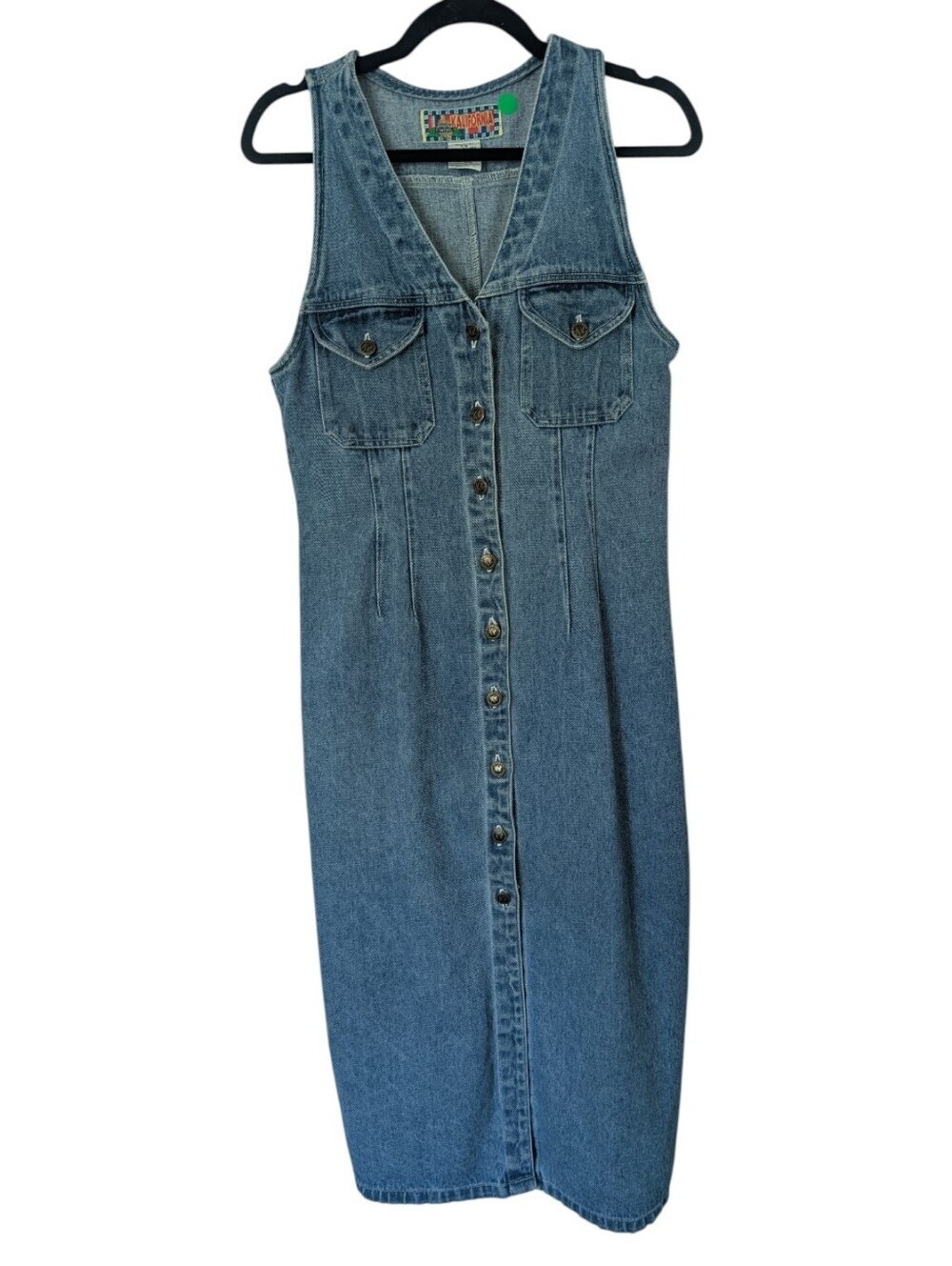 Vintage 90s Denim Button Front Midi Dress 100% Cotton Sleeveless Size 7/8